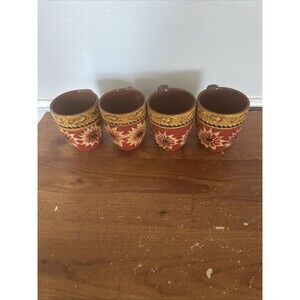 Pier 1 Imports Sunflower Coffee Mug Handpainted Terracotta Set of 4
